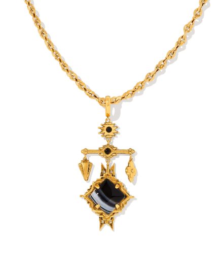 Cass Vintage Gold Large Long Pendant Necklace in Black Banded Agate