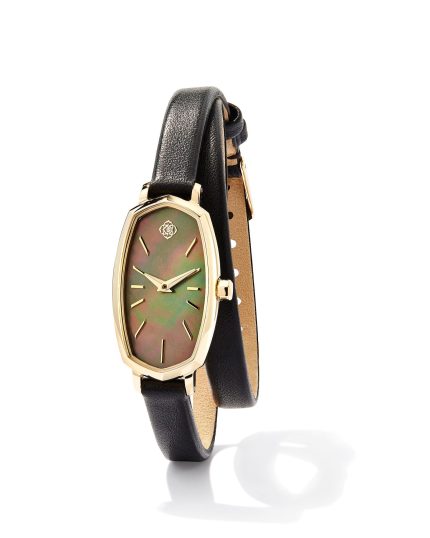 Elle Gold Tone Stainless Steel Leather Wrap Watch in Black Mother-of-Pearl