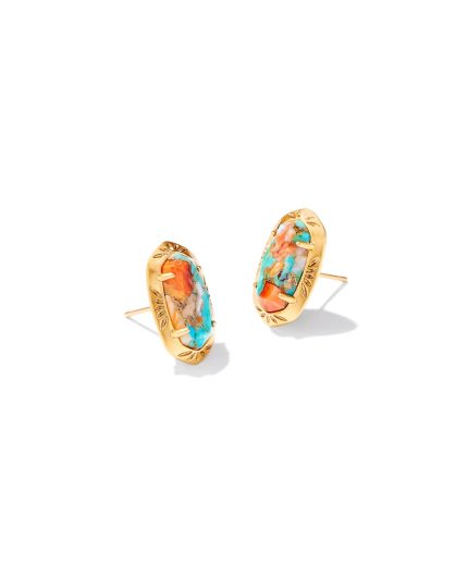 Ellie Vintage Gold Etch Frame Stud Earrings in Bronze Veined Turquoise Magnesite Red Oyster