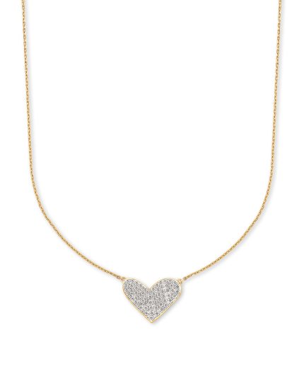 Large Heart 14k Yellow Gold Pendant Necklace in White Diamond