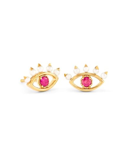 Zora 18k Yellow Gold Vermeil Stud Earrings in Ruby and White Pearl