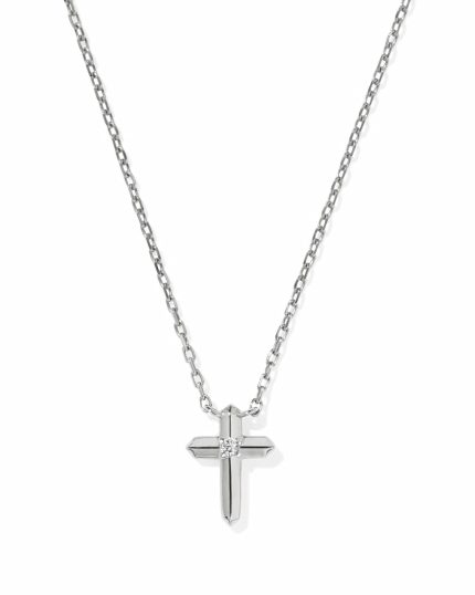 Tiny Cross 14k White Gold Pendant Necklace in White Diamond
